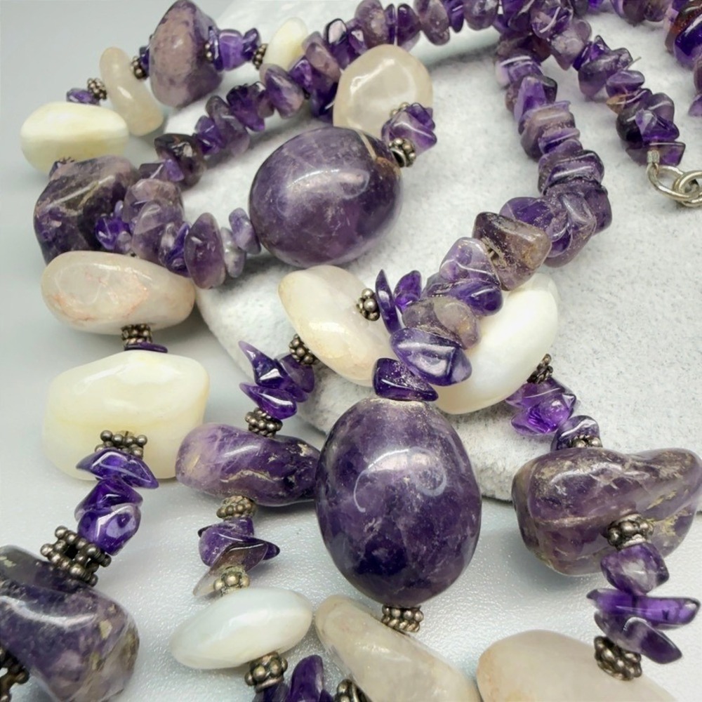 Vintage Chunky Amethyst and Quartz Bead Statement Necklace 30" Opera Heavy